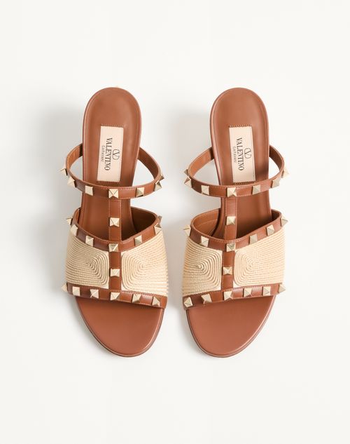 Valentino Garavani - Rockstud Calfskin Slide Sandal With Cornely Embroidery 60mm - Saddle Brown/natural - Woman - Sandals